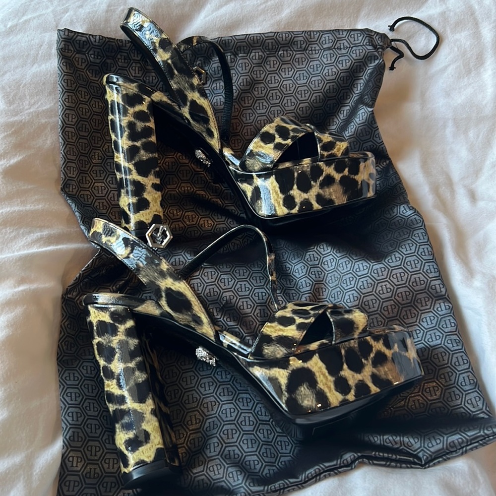 Philipp Plein leopard wedge sandal in patent leather